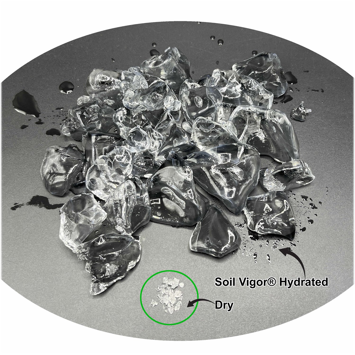 Soil Vigor potassium crystals comparison: dry granules vs. fully hydrated water-storing gel.