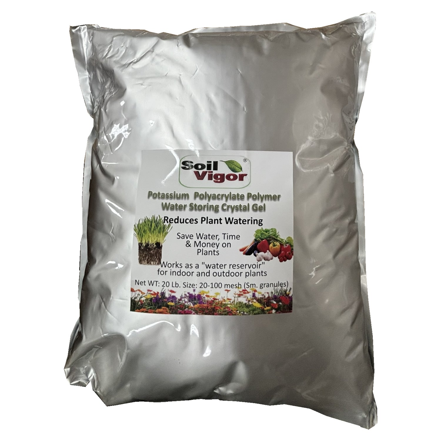 Soil Vigor Fine Potassium Polymer in a silver 20 lb bag for improving soil water retention and plant growth.