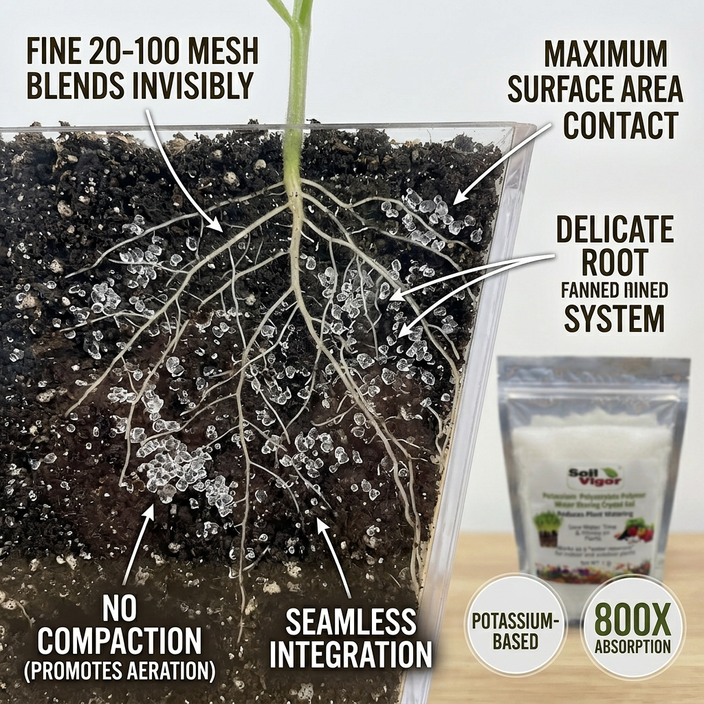 Soil Vigor Fine Potassium Polymer promoting aeration and moisture retention in soil, improving plant health and growth.
