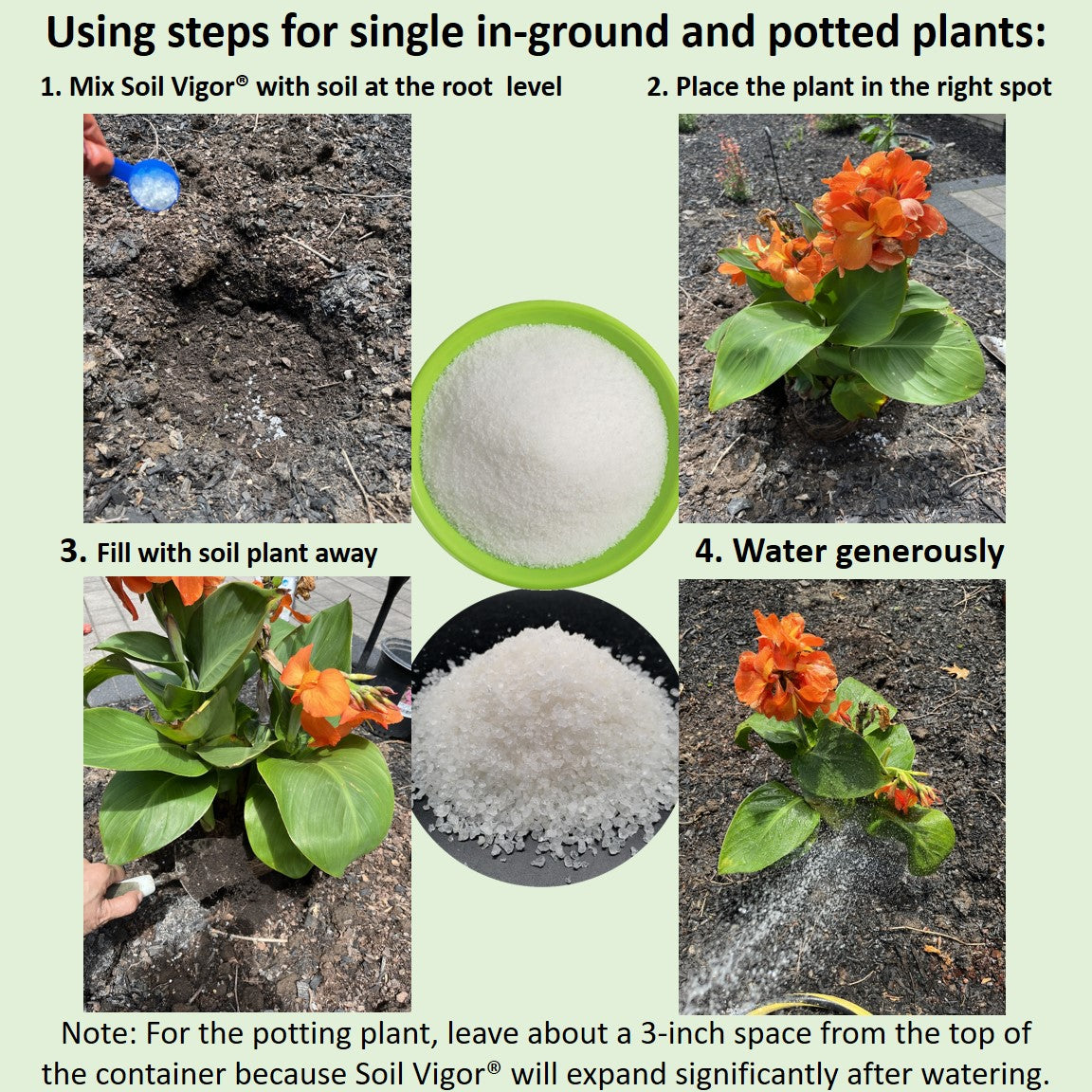 Steps for using Soil Vigor Fine Granules Water Storing Crystals for Plant in gardening and potted plants.