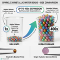 Load image into Gallery viewer, Sparkle 3D Metallic Water Beads size comparison showing dry and hydrated forms with volume and diameter details.
