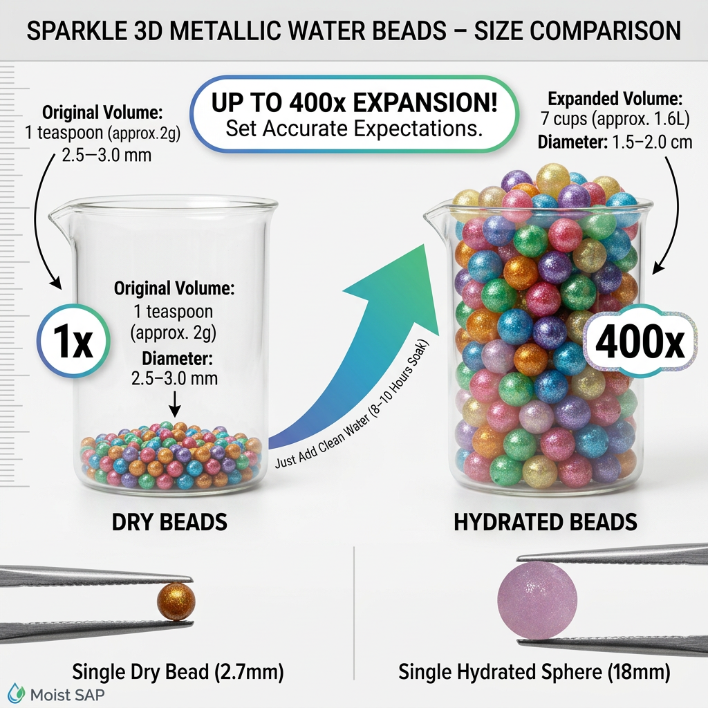 Sparkle 3D Metallic Water Beads size comparison showing dry and hydrated forms with volume and diameter details.