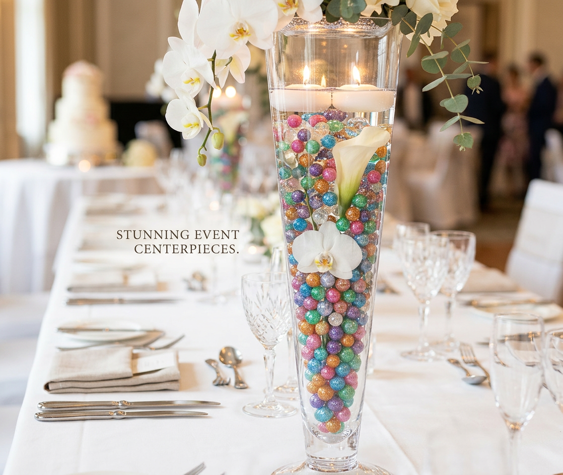 Elegant floral arrangement featuring Sparkle 3D Metallic Water Beads in a clear vase for stunning centerpiece decor.