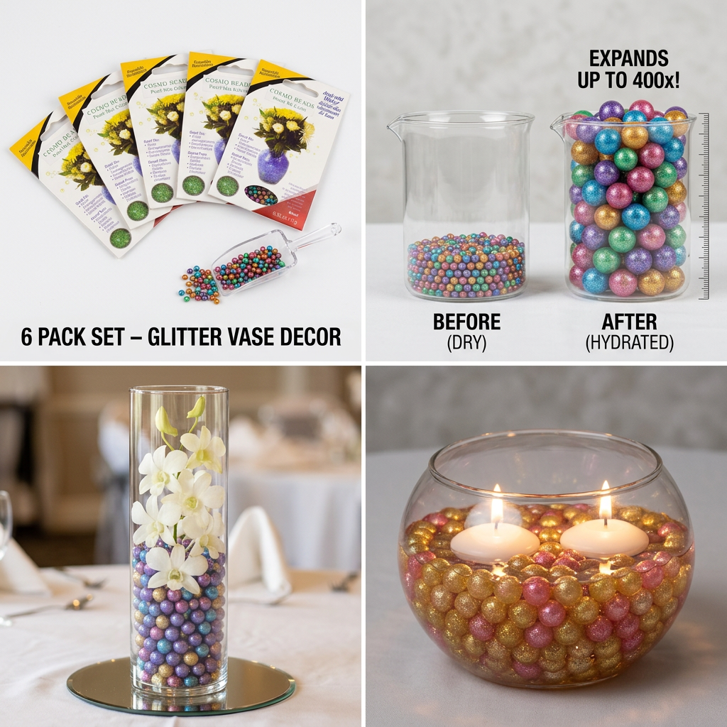 Sparkle 3D Metallic Water Beads 6 Pack Set shown in various decorative uses, illustrating dry and hydrated states.