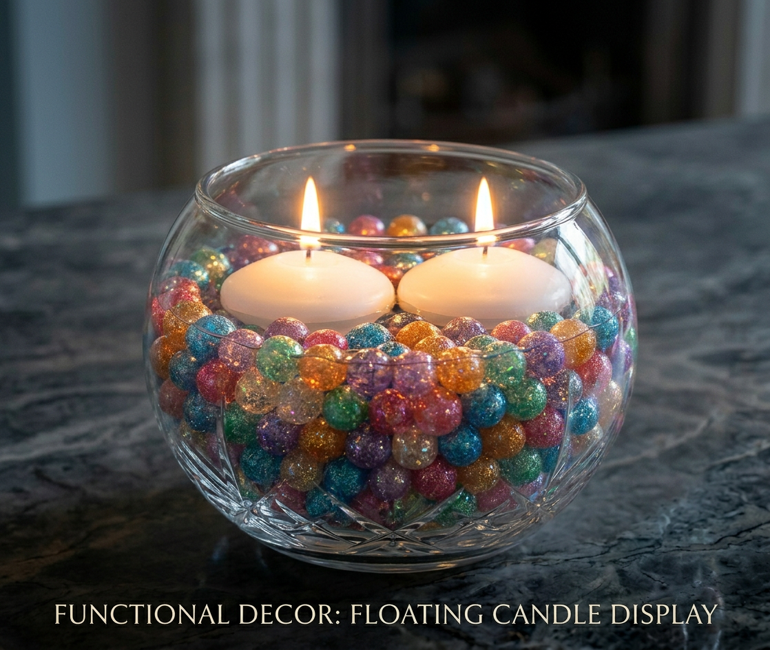 Sparkle 3D Metallic Water Beads in a glass bowl with floating candles for decorative arrangements.
