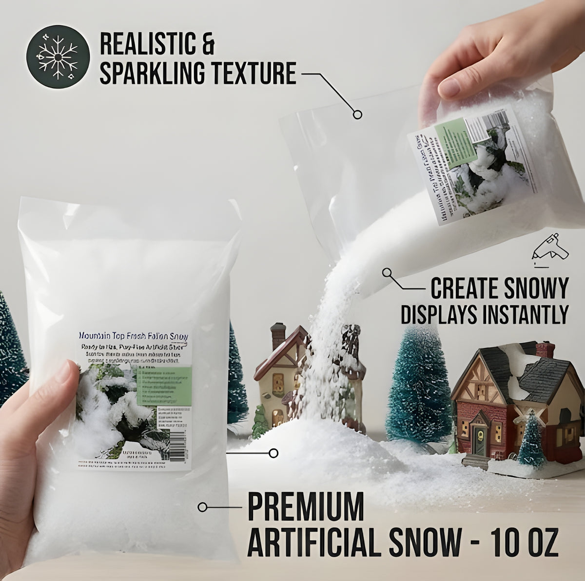 Pouring sparkling artificial snow onto a miniature winter village display with miniature houses and pine trees.