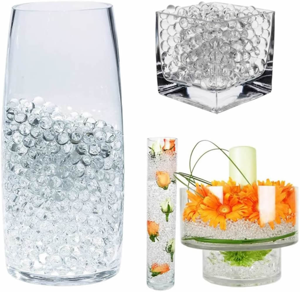 Sleek and glossy Transparent Water Gel Beads used as a crystal-clear decorative solution for a modern glass vase display.