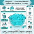 Load image into Gallery viewer, Turquoise and teal water gel beads infographic showcasing size transformation from 2-3 mm to 1.2-2 cm, 12-gallon yield per pound, reusability, and ideal uses for vase fillers, floral arrangements, and wedding centerpieces.
