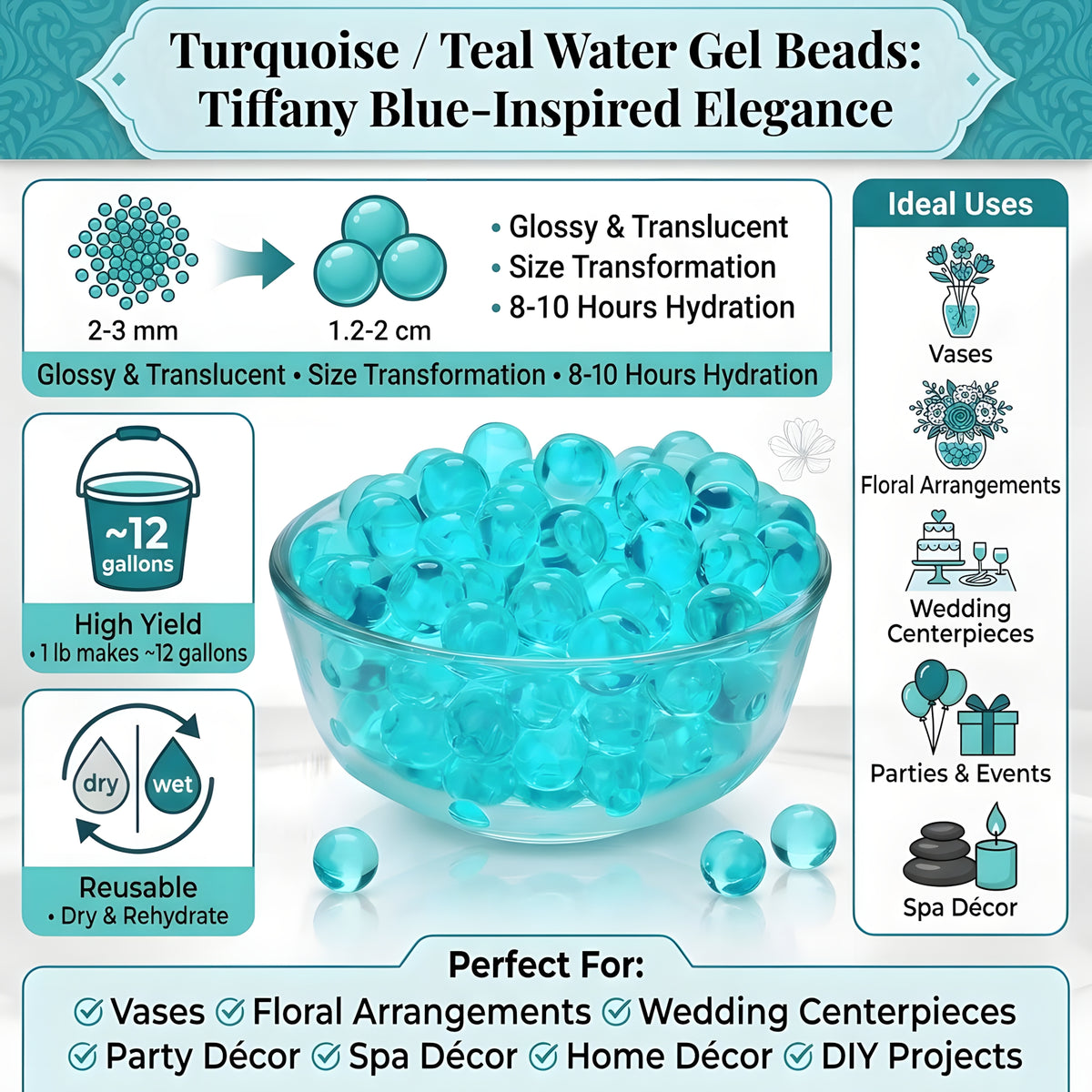 Turquoise and teal water gel beads infographic showcasing size transformation from 2-3 mm to 1.2-2 cm, 12-gallon yield per pound, reusability, and ideal uses for vase fillers, floral arrangements, and wedding centerpieces.