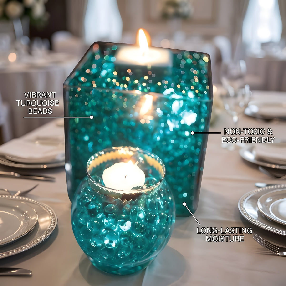 Close-up of a decorative centerpiece featuring a large square glass vase and a smaller round glass bowl, both filled with luminous turquoise water gel beads and holding lit candles. The beads are sparkling, and the infographic includes text callouts describing 'Vibrant Turquoise Beads,' 'Non-toxic & Eco-friendly' material, and 'Long-lasting Moisture.' The setting is a professionally set event table with silver plates and cutlery in the background.