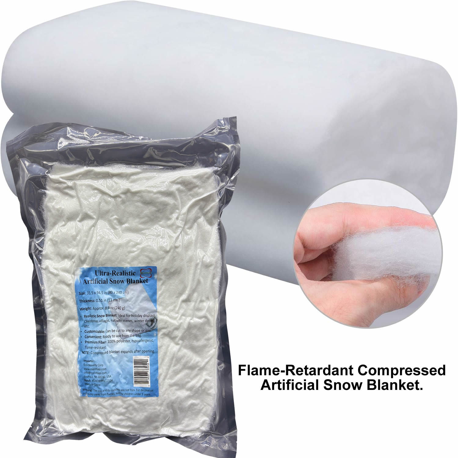 Ultra-Realistic Flame-Retardant Snow Blanket packaged with compressed artificial snow for holiday decorating.