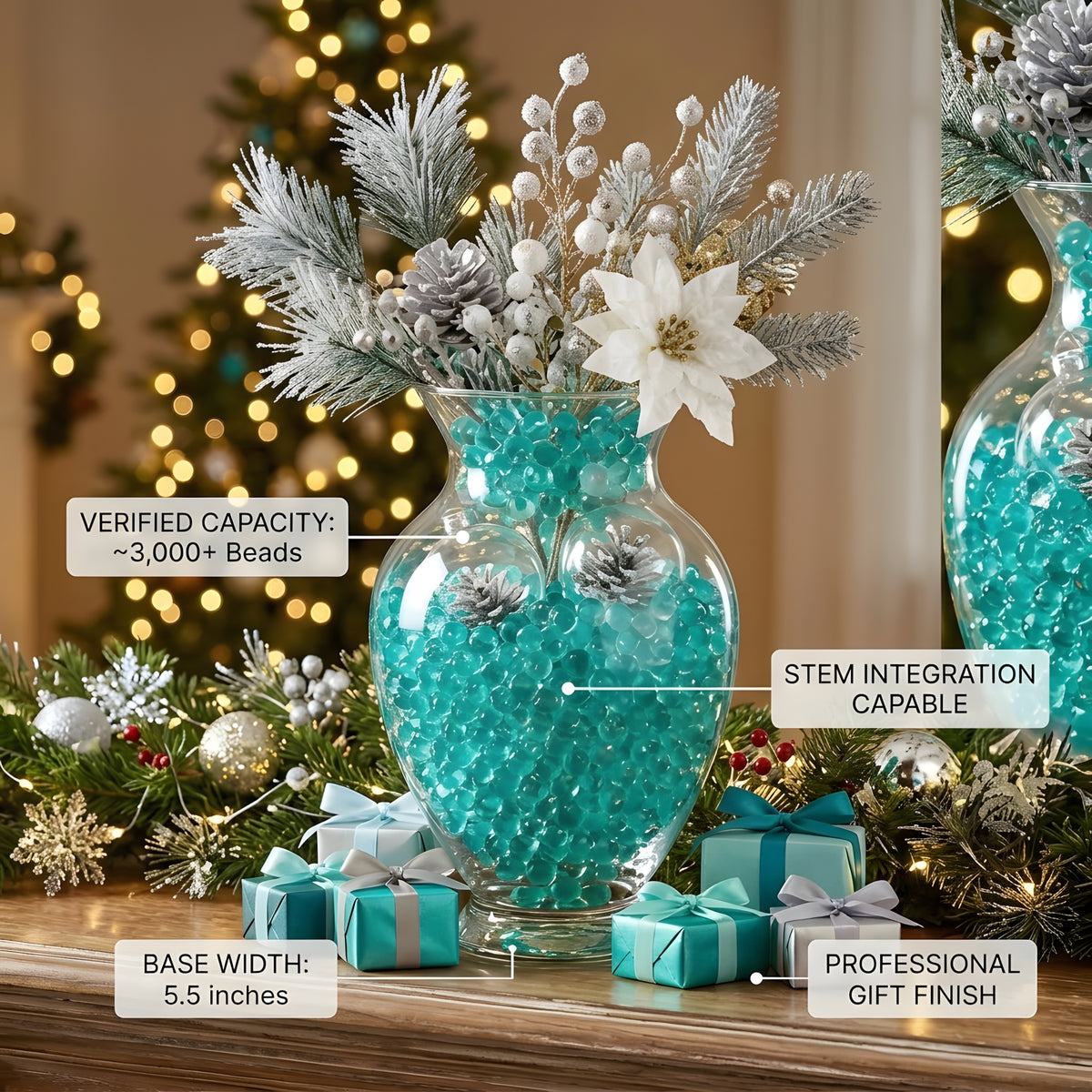 An infographic-style photo of a clear glass Christmas centerpiece vase filled with vibrant turquoise water beads, white poinsettias, and silver pine boughs on a mantel. The image includes text callouts: 'VERIFIED CAPACITY: ~3,000+ Beads', 'STEM INTEGRATION CAPABLE', 'BASE WIDTH: 5.5 inches', and 'PROFESSIONAL GIFT FINISH'. Blue and silver gift boxes surround the vase against a background of a lit Christmas tree and fireplace.