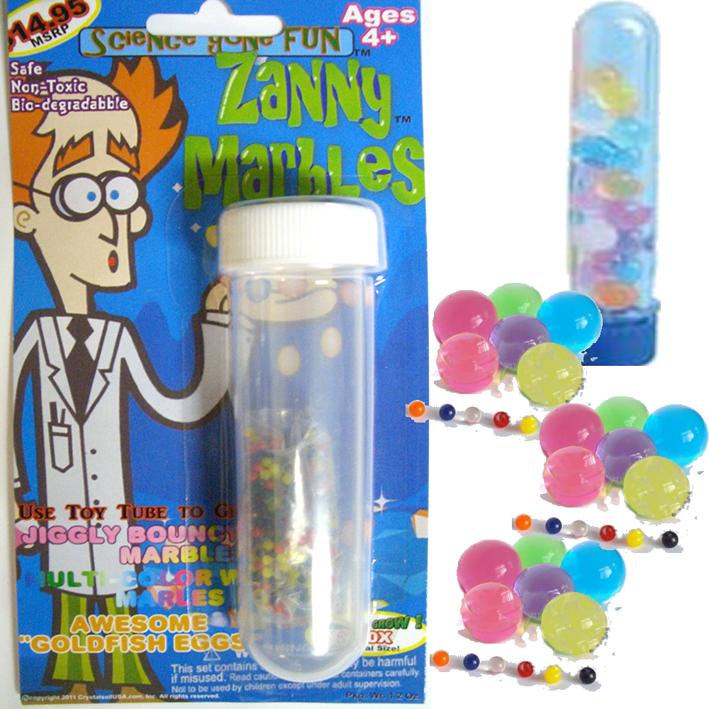 Zanny Marbles product display showing the dry beads in a toy tube next to a comparison of tiny unhydrated beads and fully grown, colorful jiggly marbles.